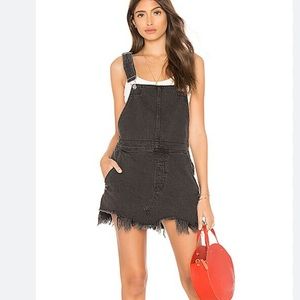 Free People Black Distressed Denim Overall Mini Dress